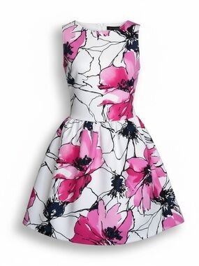 Aqua Floral Mini Dress L Pink White Fit & Flare Open Back Deep V Neck USA